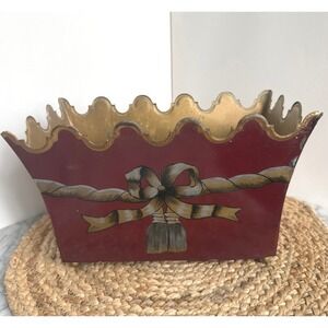 Handpainted Tole Cachepot Burgundy Traditional Footed Scalloped Planter 10.5in